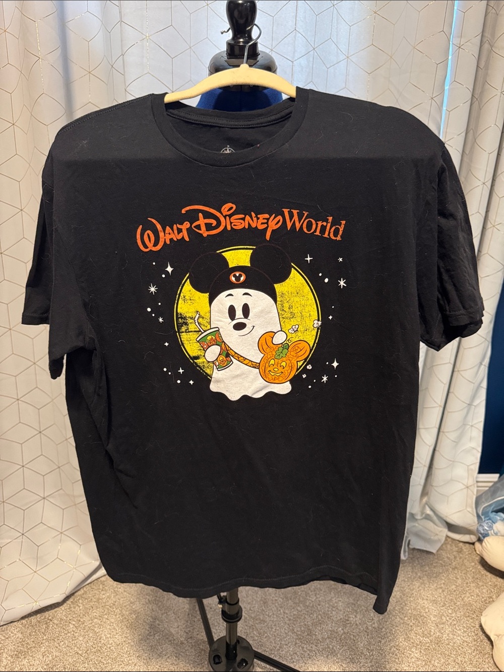 Disney Parks Black Halloween Ghost Graphic Tee with Orange Accents